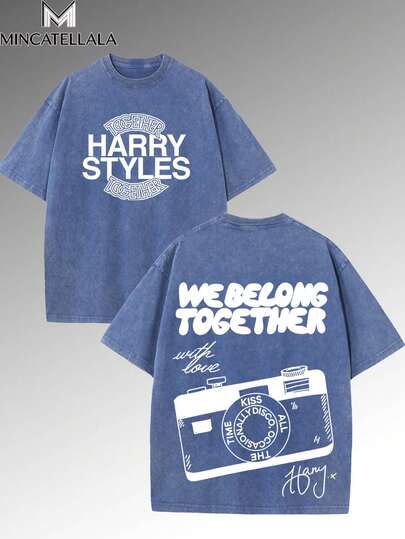 "We Belong Together" Camera,100% Cotton Washed T-Shirt, Men's T-Shirt, Summer Clothing, Men's Wear, High-Quality Premium Cotton, Unisex Style, Suitable For Daily Casual Wear, Streetwear, Vacation Clothing