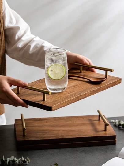 Wooden Tray With Gold-Tone Handle, Flat Serving Tray, Platter For Coffee Table, Living Room Decor, Kitchen Counter, Holds Fruits, Bread, Appetizers, Snacks, Home Decor, Bathroom Storage, Kitchen Utensils, Bathroom Accessories, Candle Holder, Also Suitable For Meal Prep Board, Mother's Day, Wedding, Birthday Gift