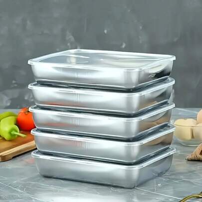 5/3pcs Stainless Steel Food Storage Container Set With Transparent Lids, Large Square Containers, Stackable, Reusable, Easy To Clean, Ideal For Storing Meat, Fruits And Vegetables, Suitable For Camping, Outdoor And Home Use, Can Be Used In Refrigerator, Freezer And Food Pantry, Kitchen Storage Containers