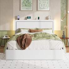Allewie Full/Queen/King Size Lift Up Storage Bed Frame With Charging Station & LED Lights, Adjustable Velvet Upholstered Storage Headboard, Type-C & USB Ports, Hydraulic Support, No Box Spring Needed, White - 白色 - 查看 2