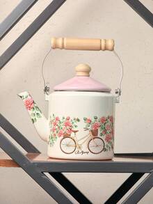 Vintage European Style + Architectural Painting Pattern/Bicolor Blue Lid + Cylindrical Body Shape + Wooden Heat-Resistant Handle + Even Heat Conduction/Large Capacity Water Storage + Retro Architectural Style Kettle + Suitable For Family Gatherings & Festivals, Afternoon Tea Preparation, Daily Kitchen Cooking - View 13