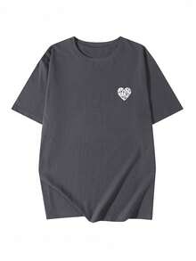 Kaos Wanita Kasual Leher Bulat Longgar Lengan Pendek dengan Motif Huruf & Hati, Musim Semi/Panas - Dark Grey - View 4