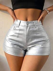 女士银色涂层面料直筒拉链短裤 - 啞銀色 - 查看 3