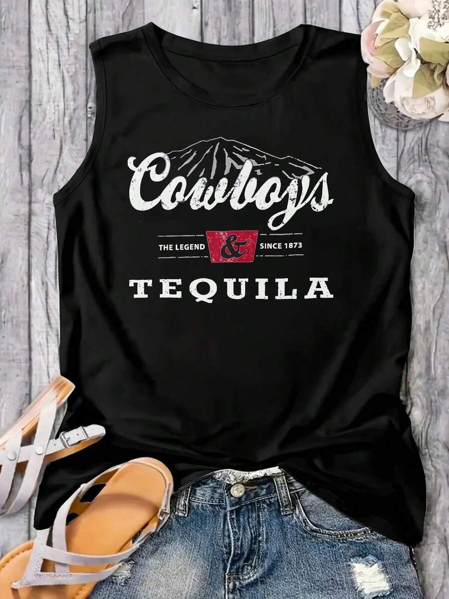 Country  CowCrop Tank Top Women Vintage Concert Tank Top Funny Western Rodeo Graphic Short Sleeve Tops Shirt Fashionable Plus Size Women's Tank Top, Super Soft And Breathable Comfortable Fit, Versatile Everyday Style, Suitable For All Seasons. - 黑色 - 查看 1