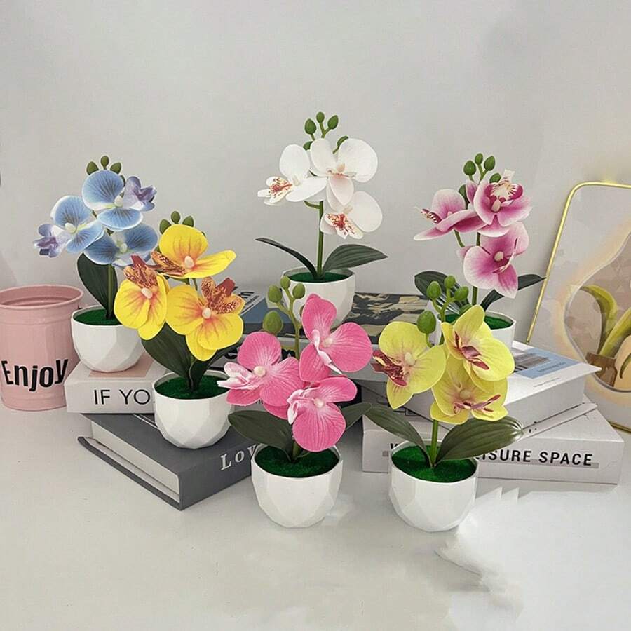 1 pieza Orquídea Phalaenopsis artificial en maceta, apta para todas las estaciones, uso interior/exterior, aplicable para bodas, hoteles, jardines, patios, decoración fotográfica - Multicolor - Ver 1