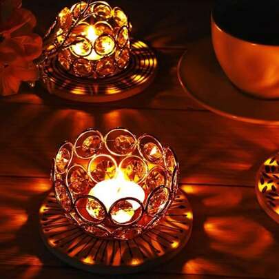 Gold Spherical Candle Holder Inlaid With Acrylic Crystals - Small Bowl/Sphere-Shaped Tea Light Holder & Votive Candle Lamp, Ideal For Festive Table Decor.