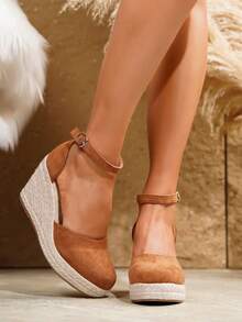 Women's Comfortable Non-Slip Buckle Round Toe Platform Wedge Shoes, Spring/Summer - Brown - View 7