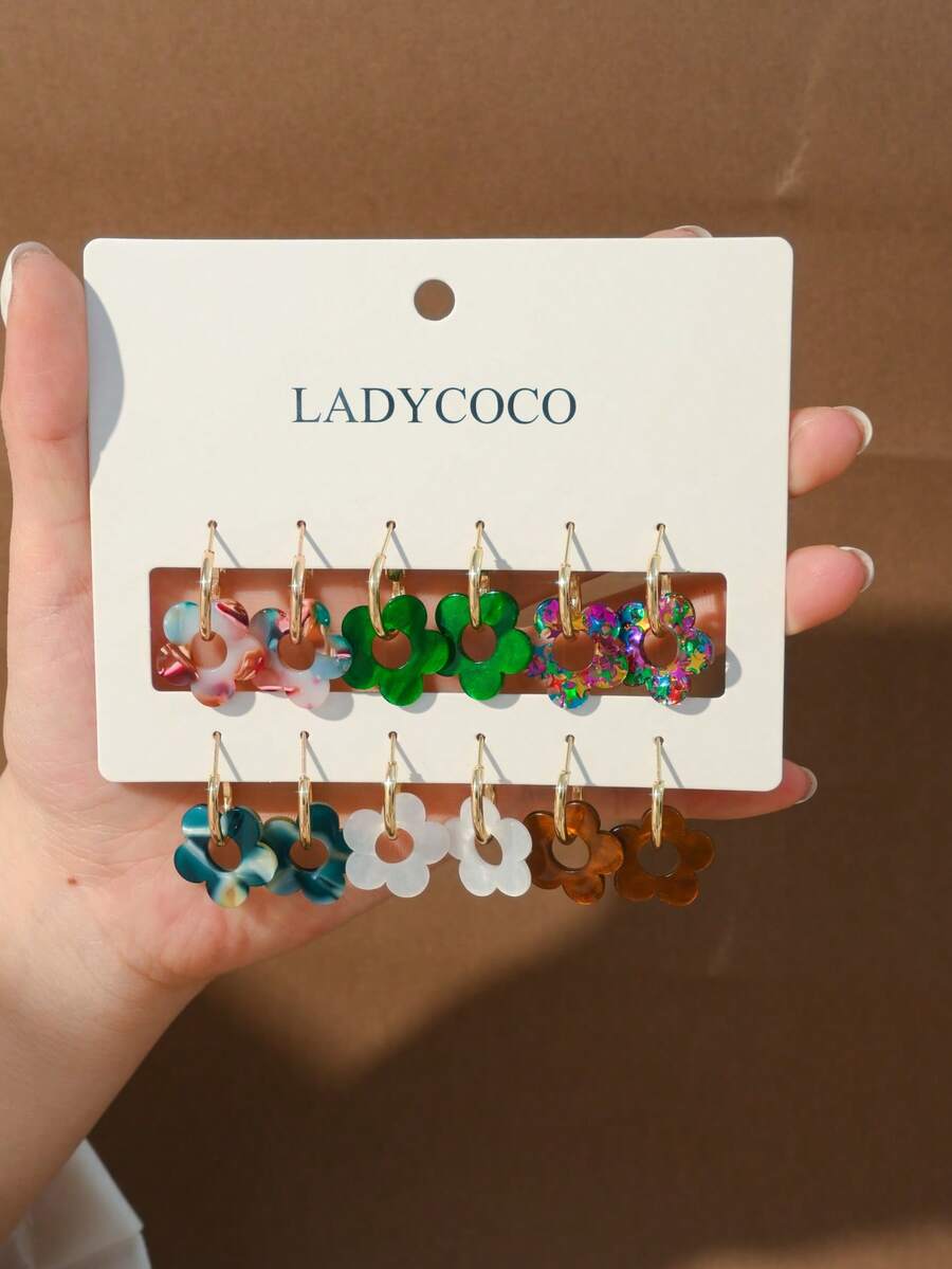 LADYCOCO 6 đôi bông tai mặt dây chuyền hình hoa rỗng dễ thương, thời trang, phù hợp cho phái nữ hẹn hò, dự tiệc và đeo hàng ngày. - Nhiều màu - Xem 1