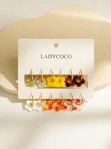 6 Pairs Fashionable Cute Hollow Flower Pendant Earrings, Suitable For Women's Dating, Party And Daily Wear - Multicolor - View 5