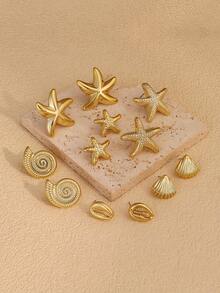 1/6 Pares de pendientes dorados con forma de estrella de mar, concha y caracol, accesorios de playa para mujeres, joyería de playa - Amarillo Oro - Ver 5