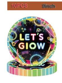 10PCS Let's Glow Party Supplies Neon Birthday Party Decorations For Kids Neon Glow In The Dark Tableware Set Plates Napkins Cups For 10 Guests - View 10