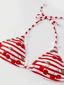 Women's Striped Bikini Set Summer Fashionable Cherry Print Halter Neck Bra With Bottom 2Pcs Bathing Suit - Red - View 7