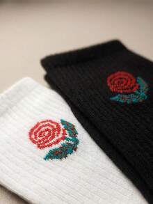 2 Pairs Rose Embroidery Retro Style Moisture-Wicking Breathable Crew Socks, Suitable For Campus, Daily Wear, Unisex - Black and White - View 7