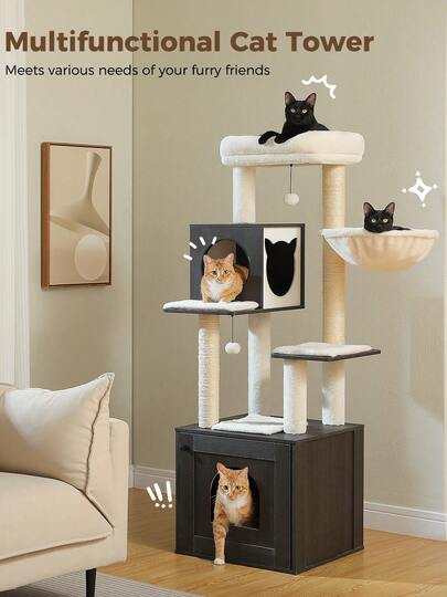 PAWZ Road 57.5" Cat Tree With Litter Box Enclosure Large, Wood Cat Tower For Indoor Cats With Storage Cabinet And Cozy Cat Condo, Sisal Covered Scratching Post And Repalcable Dangling Balls,Black