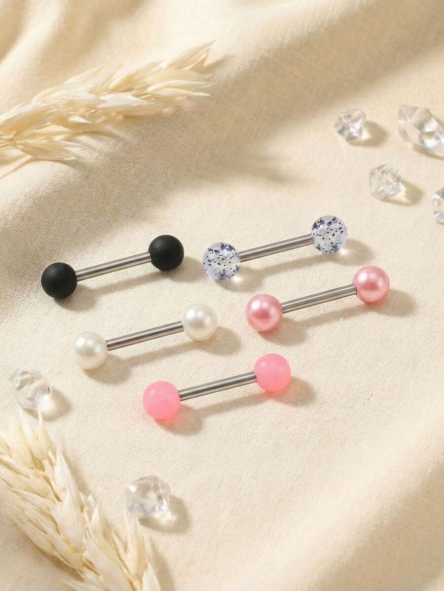 5件装 14G 舌环，女士钛合金直舌环，塑料球形舌钉，男士乳头穿孔饰品，身体饰品 - 彩色 - 查看 1