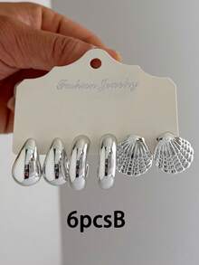 6-18件时尚简约心形、水滴形、贝壳形、海螺形、C形、几何造型耳钉，适合夏季旅行和日常度假佩戴 - 銀色 - 查看 2