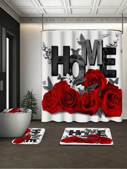 四件套复古轻奢风格红色玫瑰HOME字母蝴蝶印花浴室套装，配有防水耐磨绑带和12个挂钩，包含浴帘/马桶盖/浴垫/地毯。涤纶面料可水洗且防霉，适用于家庭/酒店/单身公寓/校园宿舍/春季浴室装饰，母亲节礼物之选。