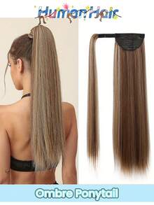 Highlight Ponytail Human Hair Extensions 4/27 Brown Ombre Blonde Silky Straight Wrap Around Clip In Ponytail 8-24Inch Long Straight Ponytail Hair Extensions With Hair Tie Wrapped Around - S4/27 - View 1