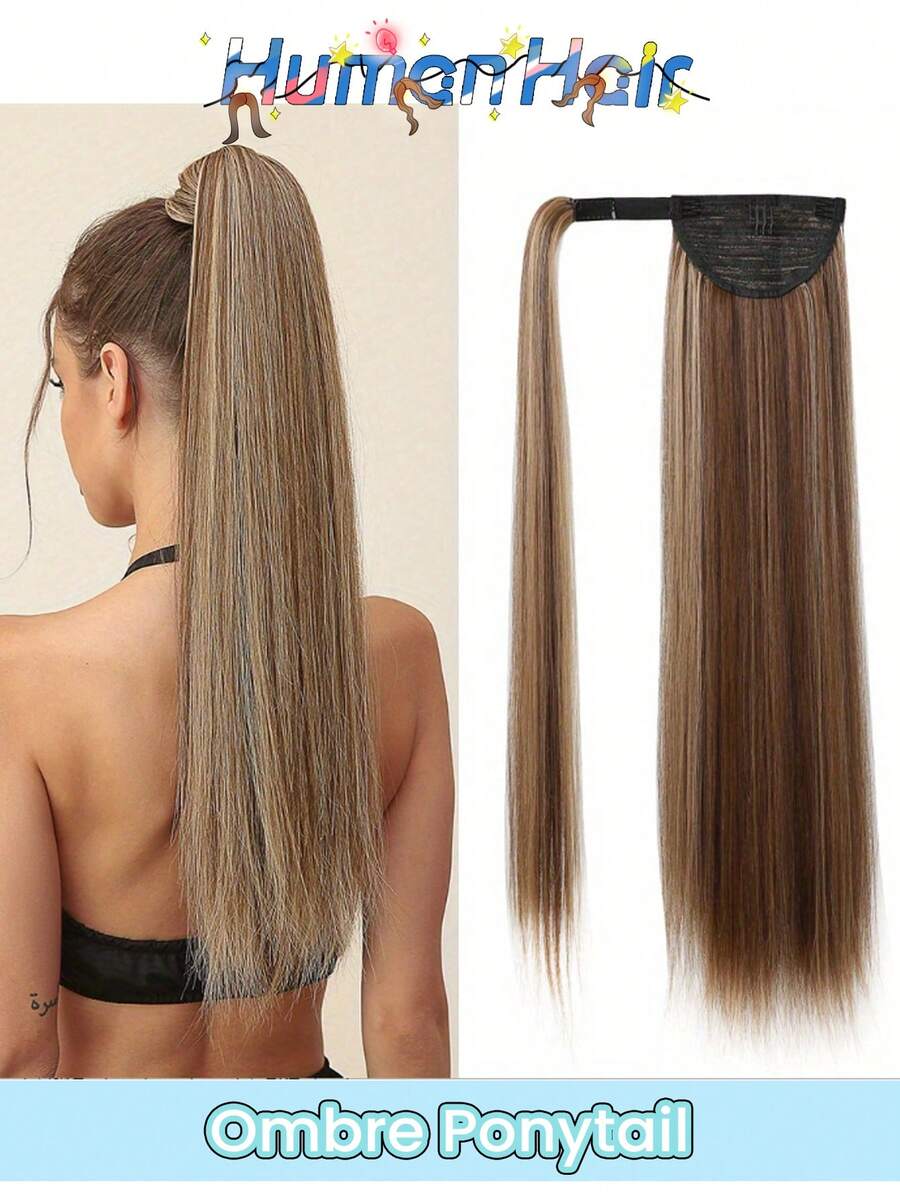 Highlight Ponytail Human Hair Extensions 4/27 Brown Ombre Blonde Silky Straight Wrap Around Clip In Ponytail 8-24Inch Long Straight Ponytail Hair Extensions With Hair Tie Wrapped Around - S4/27 - View 1