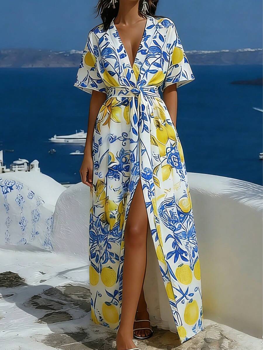 女款夏季度假長洋裝，檸檬色拼色碎花和服式腰部綁帶V領短袖休閒度假長裙，附前綁帶上衣