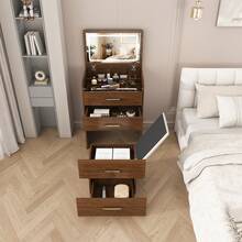 3-In-1 Dressing Table With Open Mirror, Small Dressing Table Set With Clear Glass Top, Compact Dressing Table With 3 Drawers, Bedroom Dressing Table, Dimensions: W 60/H 118/D 40 Cm. - Walnut Wood Color - View 10