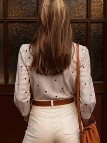 Elegant Women's Polyester Stand-Collar Long-Sleeved Shirt With Heart Print And Ruffle Design. - Multicolor - View 10