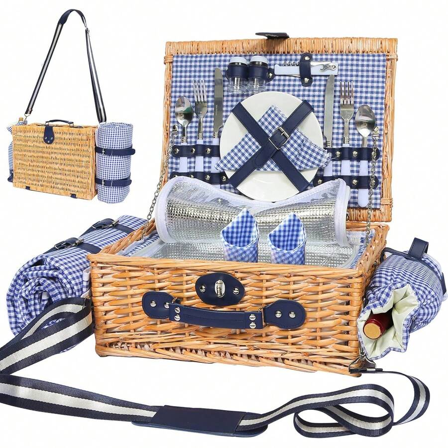 Picnic Basket 4 With Waterproof Picnic Blanket And Insulated Cooler, Willow Hamper Camping, Outdoors, Photoshoot, Or A Birthday, Valentine's Day, Wedding, Pink - 藍白網格 - 查看 1