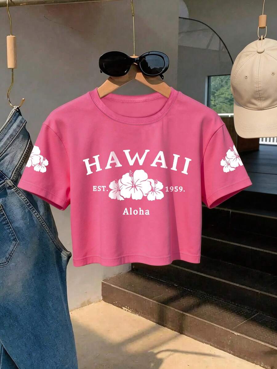 女孩度假风露脐上衣,“夏威夷”标语和芙蓉花印花,休闲短袖T恤,适合家庭聚会、假期和日常休闲穿着 - 玫紅色 - 查看 1