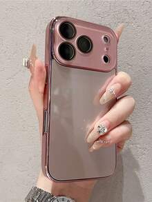 Funda de teléfono con acabado electrochapado brillante compatible con iPhone 17 Pro Max, 16, 15, 14, 13, 12, 11 Pro Max, de color sólido simple, con protección de lente de vidrio, a prueba de golpes y cubierta trasera dura - Rosa - Ver 5