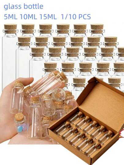 1-10个迷你玻璃瓶，带软木塞 - 5毫升、10毫升、15毫升空玻璃罐，DIY装饰、留言、工艺用品（多尺寸套装）