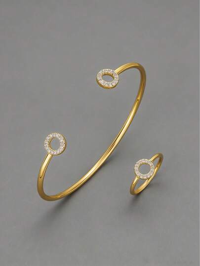 1 Set Fully Paved Cubic Zirconia Circle Bangle & Ring Set