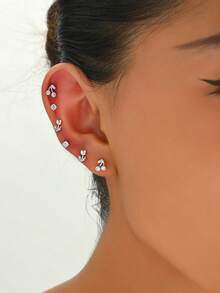 6pcs Spring Tulip Flower Cubic Zirconia Stud Earrings, Fashionable Minimalist Jewelry - Silver - View 1