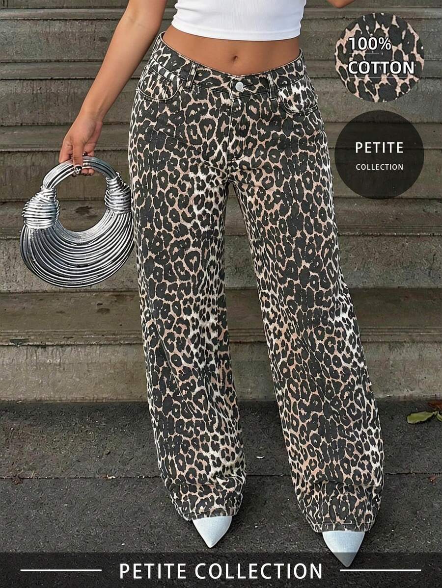 女士豹纹口袋阔腿宽松休闲牛仔裤，美式豹纹喇叭阔腿裤，新款秋季时尚修身直筒宽松休闲裤 - 彩色 - 查看 1