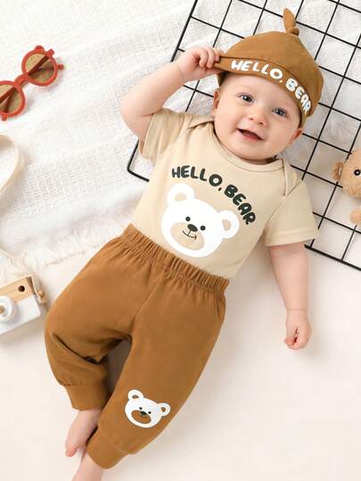 2pcs,Baby Boy,Casual,Fashion,Soft,Comfortable,Cute Bear Letter Print Short-Sleeved Bodysuit, Elastic Waist Pants,And Hat,Baby Boy Clothes,Baby Stuff,Newborn Baby Boy Clothes, Summer For Everyday Wear,Outdoor Activities,Vacations