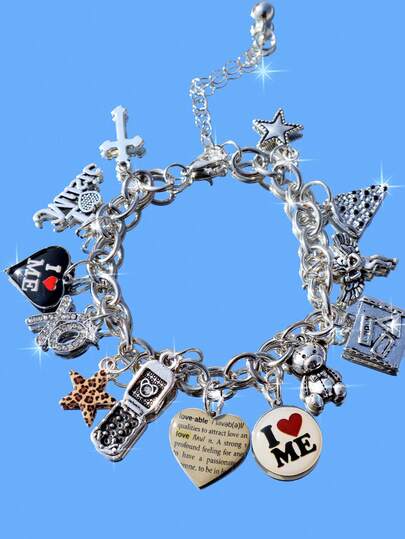 1条复古爱心手链，1条豹纹星星手链，1条天使十字架手链，1条复古小熊手机挂绳，1条XOXO字母手链