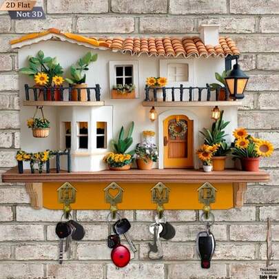 2D Düz, 1 Adet, Şirin Villa - 4 Metal Kancalı Ahşap Çok Fonksiyonlu Ev Anahtarlığı - Duvar Dekoru, Veranda Dekoru, Oda Dekoru, Villa Dekoru, Dört Mevsim Ev Dekoru, 2D Düz