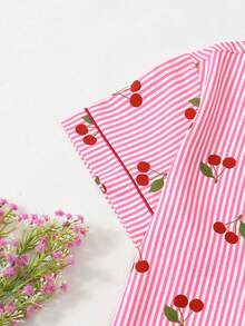 3pcs Women Striped Cherry Print Short Sleeve Top, Shorts & Pants Pajama Set, Casual Comfortable Loungewear For Spring, Summer, Autumn & Winter, Suitable For Home & Outdoor Wear - Pink - View 5