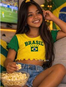 Cropped T-Shirt Brazil Kids Teen Girls World Cup National Team Babylook Fan Sizes 4 To 14 Viscolycra Green Blue Yellow - 黃色 - 查看 1