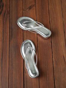 2026 Summer New Women's Thong Sandals, Fashion Office High Heel Mules, Casual Solid Color Wedge Thick Bottom Elegant Minimalist Slippers, Suitable For Dresses 971-1 - Silver - View 3