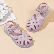 Kids Cute Strappy Closed Toe Sandals With Rhinestone Embellishments Adjustable Hook And Loop Strap Lightweight Non-Slip Soft Sole Breathable Summer Footwear - Pink - View 11