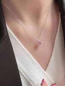 SYMFNY 1件精致女士首饰 S925 银项链，镶嵌水钻，甜美心形锁骨链，情人节送给女友的完美礼物 - 愛心 - 查看 3