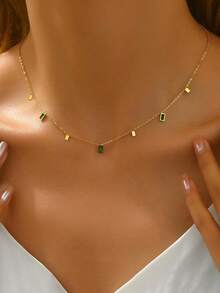 1件时尚绿色水钻吊坠项链，不锈钢简约长方形吊坠项链，适合女士日常穿搭和送礼。 - 金色 - 查看 1