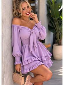 VESTIDO CORTO MANGA LARGA CON RESORTE ESTILO CAMPIRANO DOBLE OLAN TELA CEY. MOD. ELSIE - Lila Púrpura - Ver 5