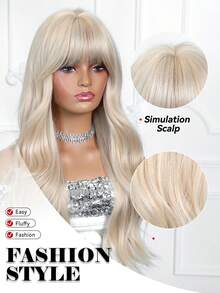 24英寸金色长卷发假发，带刘海，女士合成假发，时尚百搭，适合日常佩戴、派对、角色扮演、度假、旅行、家庭聚会、母亲节礼物、开斋节礼物、返校礼物、女孩礼物、夏季毕业礼物、现成礼物、万圣节和圣诞节礼物 - 挑染金色 - 查看 8