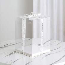 1pc White Elegant Cake Box: Transparent, Tiered, Square Design Suitable For Cakes, Cookies, Fresh Flowers And Gifts - Handwashable, PET Material, Reusable - View 6