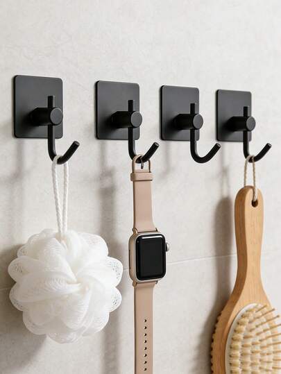 1/3/6pcs Black Adhesive Wall Hooks, Suitable For Offices - Drill-Free, Strong Adhesive Hooks, Waterproof And Rustproof Matte Finish, Simple Compartment Storage Rack, Can Be Used To Hang Headphones, Keys, Bags, Umbrellas, Lanyards - Perfect For Work Areas, Entryways, And Home Offices.