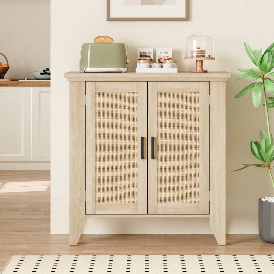 Versatile Boho-Style Sideboard – Rattan Storage Unit With Doors And Shelves – Ideal For Living Room, Kitchen, Hallway – Natural Oak Finish, Bohemian Style - Wood Grain Color 76*80*40 - View 1