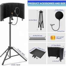 Dmsky Microphone Shield With Tripod Stand, Foldable Mic Shield With Triple Sound Insulation, High Density Mic Sound Shield Recording Studio, Podcasts, Singing, Broadcasting - Stand-l - View 3