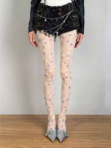 1双 - 蓝白星形提花丝袜，女士超薄夏季连裤袜，修身塑形JK款基础袜，甜美白色 - 彩色 - 查看 3