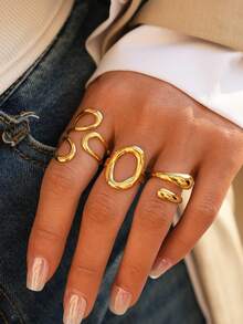 3pcs/1pc Set Fashionable Silver Asymmetrical Open Ring Set For Women - Exquisite Geometric Hollow Exaggerated Rings, Modern Everyday Wear Finger Accessories Suitable For Party, Wedding, Birthday, Valentine's Day Gift - Gold - View 3